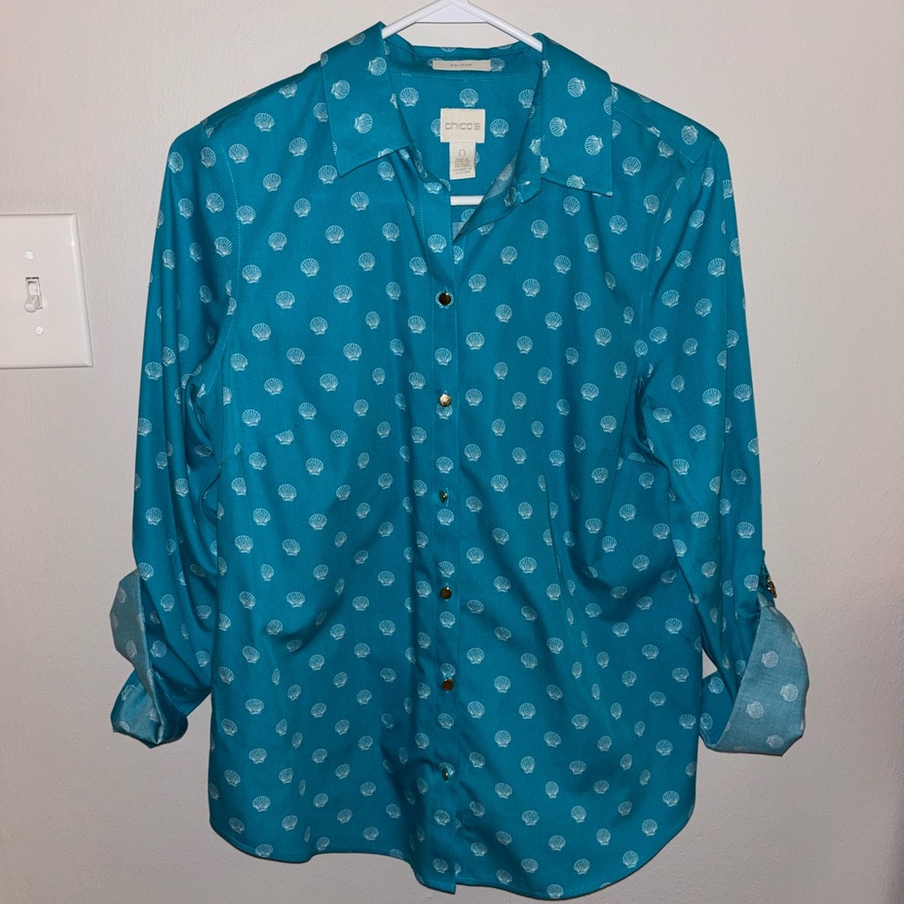 Chico's Blue Polka Dot Button Down Shirt with Gold Detail
